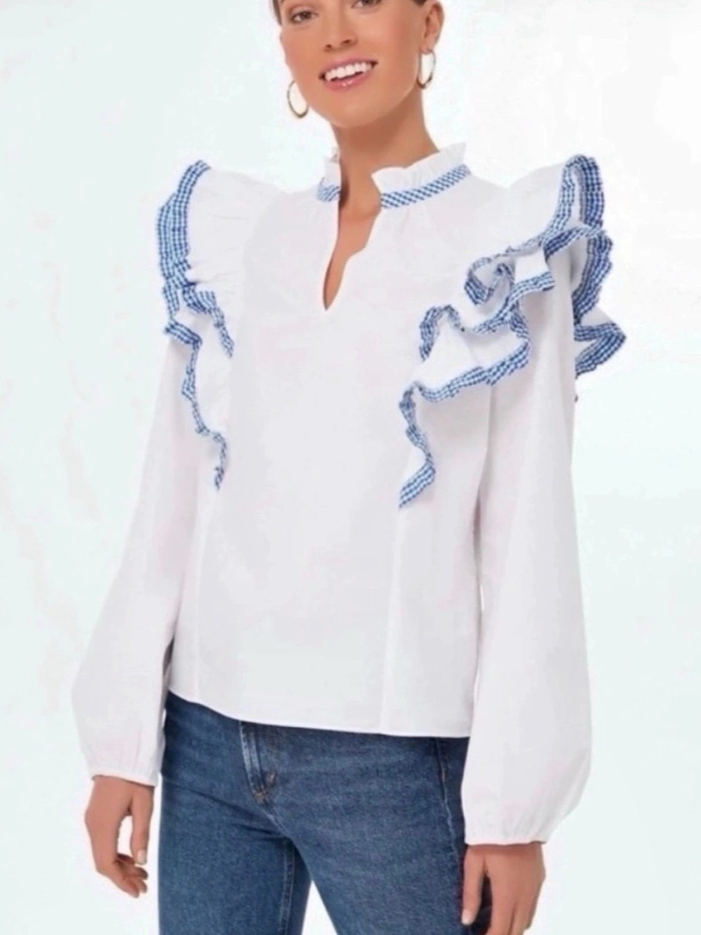 Tuckernuck Hyacinth House Holly Blouse Gingham Ruffle White & Blue Small cotton